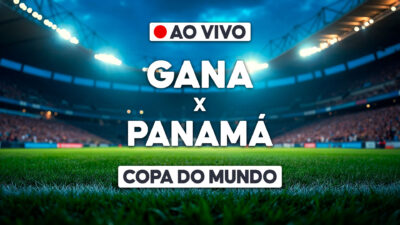 Arte com estádio iluminado e chamada ao vivo para Gana x Panamá pela Copa do Mundo