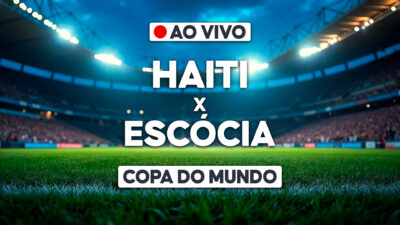 Arte gráfica de transmissão ao vivo da Copa do Mundo com Haiti x Escócia sobre imagem de estádio iluminado