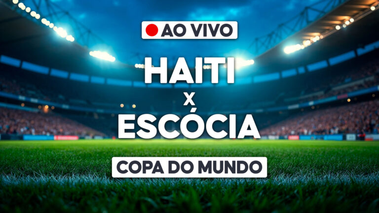 Arte gráfica de transmissão ao vivo da Copa do Mundo com Haiti x Escócia sobre imagem de estádio iluminado