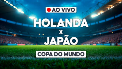 Arte gráfica de transmissão ao vivo da Copa do Mundo com Holanda x Japão sobre estádio de futebol iluminado