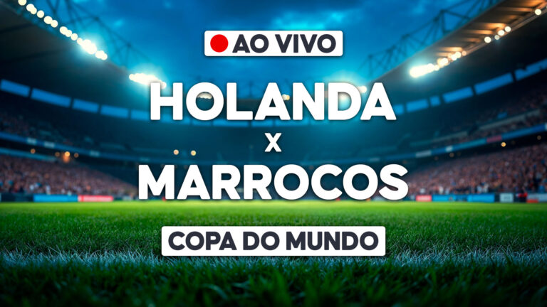 Holanda x Marrocos com aviso de transmissão ao vivo sobre estádio iluminado e identificação da Copa do Mundo