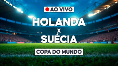 Arte de transmissão ao vivo com Holanda x Suécia e texto Copa do Mundo sobre gramado de estádio iluminado