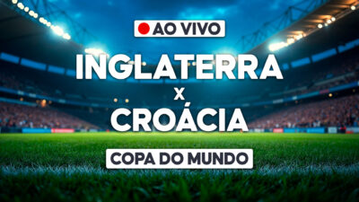 Arte com estádio iluminado e chamada ao vivo para Inglaterra x Croácia pela Copa do Mundo