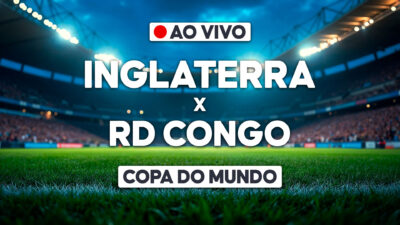 Arte com estádio de futebol iluminado ao fundo e texto ao vivo Inglaterra x RD Congo Copa do Mundo