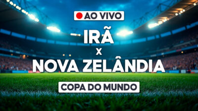 Arte de transmissão ao vivo com Irã x Nova Zelândia em estádio iluminado pela Copa do Mundo