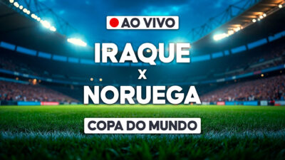 Arte com texto Iraque x Noruega e indicação Ao Vivo sobre estádio iluminado para transmissão da Copa do Mundo