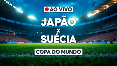 Arte de transmissão ao vivo da Copa do Mundo com texto Japão x Suécia sobre gramado de estádio iluminado
