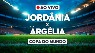 Arte de transmissão ao vivo com Jordânia x Argélia e estádio de futebol iluminado ao fundo na Copa do Mundo