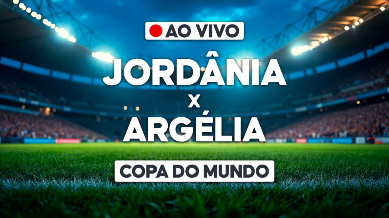 Arte de transmissão ao vivo com Jordânia x Argélia e estádio de futebol iluminado ao fundo na Copa do Mundo