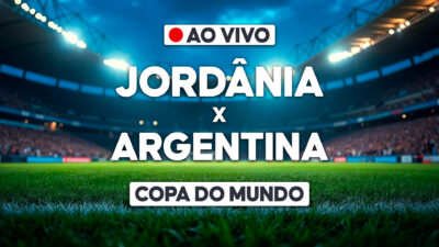 Arte de transmissão ao vivo com Jordânia x Argentina sobre estádio iluminado e selo Copa do Mundo
