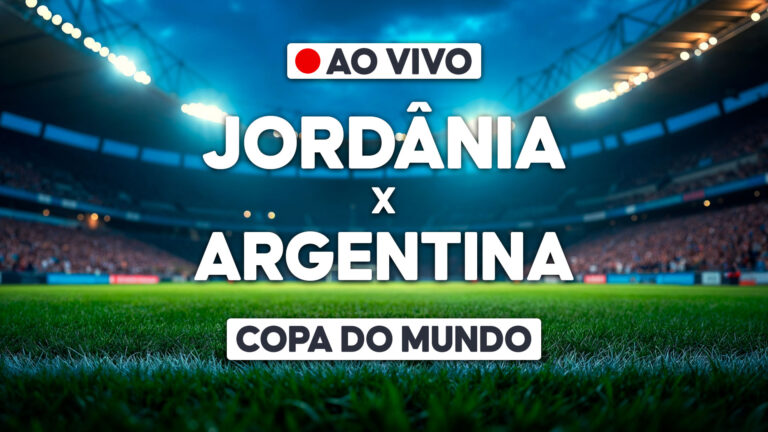 Arte de transmissão ao vivo com Jordânia x Argentina sobre estádio iluminado e selo Copa do Mundo