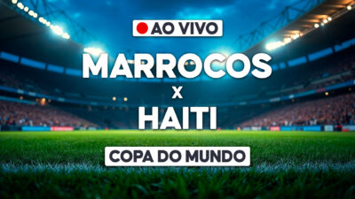 Arte de transmissão ao vivo da Copa do Mundo com estádio iluminado e confronto Marrocos x Haiti
