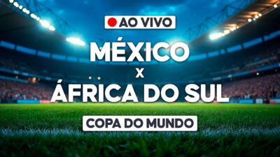 Arte promocional de México x África do Sul com aviso de transmissão ao vivo sobre gramado de estádio iluminado para Copa do Mundo
