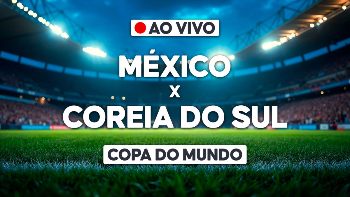 Arte com estádio iluminado e chamada ao vivo para México x Coreia do Sul pela Copa do Mundo