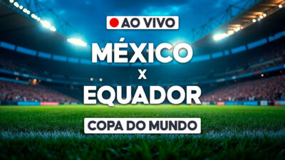 México x Equador com aviso de transmissão ao vivo sobre estádio iluminado e identificação da Copa do Mundo