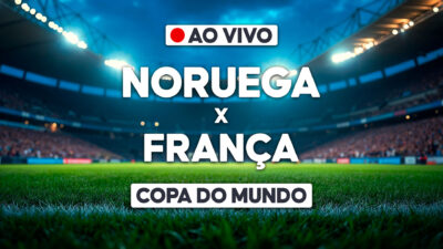 Arte de transmissão ao vivo com Noruega x França sobre estádio iluminado e selo Copa do Mundo