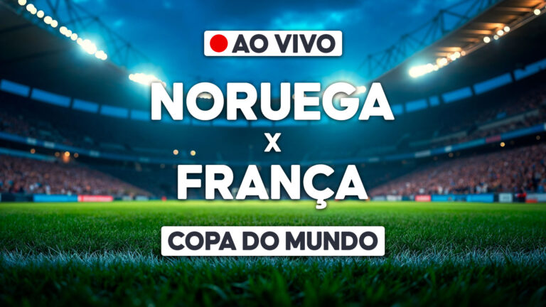 Arte de transmissão ao vivo com Noruega x França sobre estádio iluminado e selo Copa do Mundo