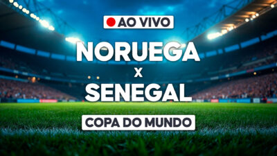 Arte de transmissão ao vivo da Copa do Mundo com estádio iluminado e chamada para Noruega x Senegal
