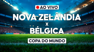 Arte de transmissão ao vivo com Nova Zelândia x Bélgica sobre estádio iluminado e selo Copa do Mundo