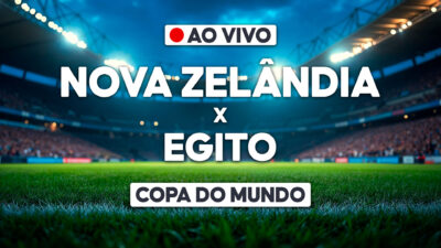 Arte de transmissão ao vivo com Nova Zelândia x Egito sobre imagem de estádio iluminado na Copa do Mundo