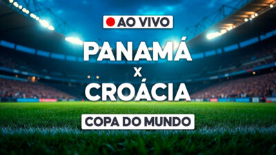 Arte de transmissão ao vivo com Panamá x Croácia e estádio de futebol iluminado ao fundo na Copa do Mundo