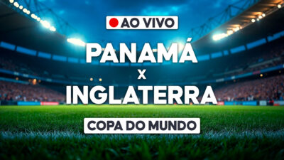 Arte de transmissão ao vivo com Panamá x Inglaterra sobre estádio iluminado e selo Copa do Mundo