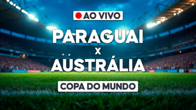 Arte de transmissão ao vivo da Copa do Mundo com texto Paraguai x Austrália sobre gramado de estádio iluminado