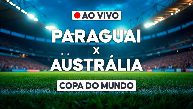 Arte de transmissão ao vivo da Copa do Mundo com texto Paraguai x Austrália sobre gramado de estádio iluminado