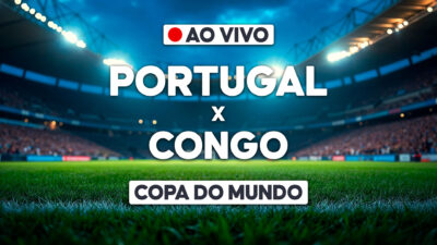 Arte com estádio iluminado e chamada ao vivo para Portugal x Congo pela Copa do Mundo