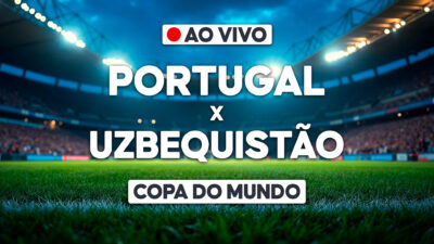Arte de transmissão ao vivo com Portugal x Uzbequistão e estádio de futebol iluminado ao fundo na Copa do Mundo
