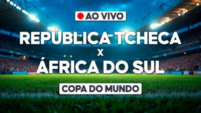 Arte com estádio iluminado e chamada ao vivo para República Tcheca x África do Sul pela Copa do Mundo