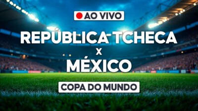 Arte de transmissão ao vivo da Copa do Mundo com estádio iluminado e confronto República Tcheca x México