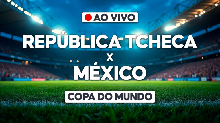 Arte de transmissão ao vivo da Copa do Mundo com estádio iluminado e confronto República Tcheca x México