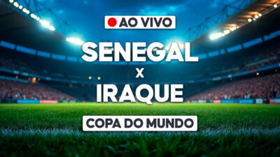 Arte de transmissão ao vivo com Senegal x Iraque sobre estádio iluminado e selo Copa do Mundo
