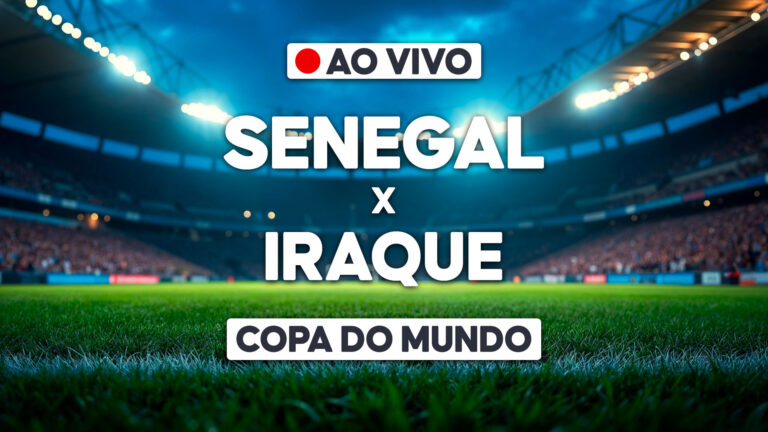 Arte de transmissão ao vivo com Senegal x Iraque sobre estádio iluminado e selo Copa do Mundo