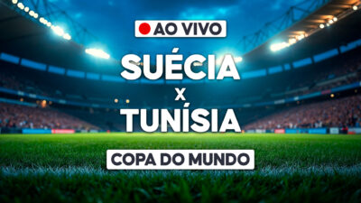 Arte gráfica de transmissão ao vivo da Copa do Mundo com Suécia x Tunísia sobre estádio de futebol iluminado