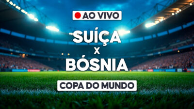 Arte com estádio iluminado e chamada ao vivo para Suíça x Bósnia pela Copa do Mundo