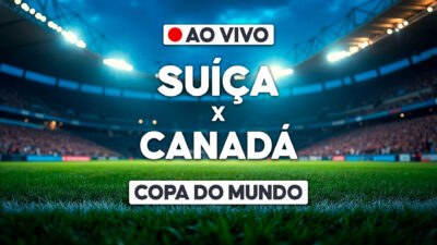 Arte de transmissão ao vivo da Copa do Mundo com estádio iluminado e confronto Suíça x Canadá