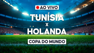 Arte de transmissão ao vivo da Copa do Mundo com texto Tunísia x Holanda sobre gramado de estádio iluminado