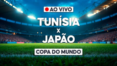 Arte de transmissão ao vivo com Tunísia x Japão sobre imagem de estádio iluminado na Copa do Mundo