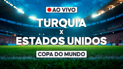 Arte de transmissão ao vivo da Copa do Mundo com texto Turquia x Estados Unidos sobre gramado de estádio iluminado