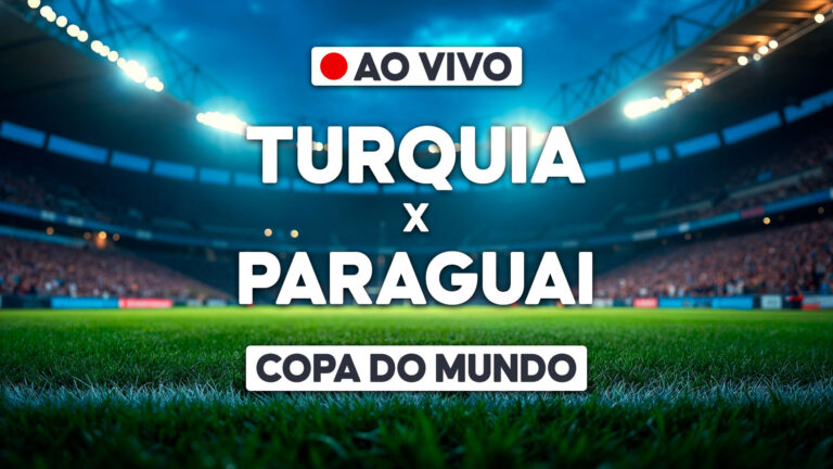 Arte de transmissão ao vivo com Turquia x Paraguai e texto Copa do Mundo sobre gramado de estádio iluminado