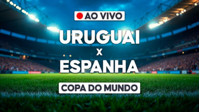 Arte de transmissão ao vivo com Uruguai x Espanha sobre estádio iluminado e selo Copa do Mundo