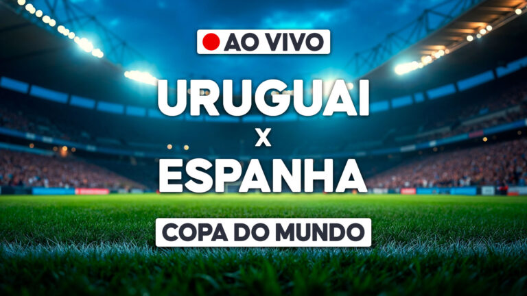 Arte de transmissão ao vivo com Uruguai x Espanha sobre estádio iluminado e selo Copa do Mundo