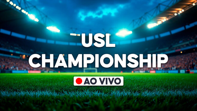 Arte promocional da USL Championship com estádio de futebol iluminado, gramado em primeiro plano e indicação de transmissão ao vivo