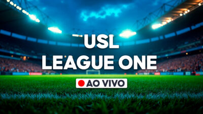 Arte promocional da USL League One com estádio de futebol iluminado, gramado em destaque e selo de transmissão ao vivo ao centro