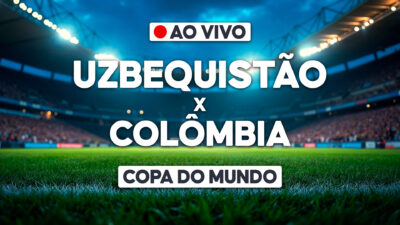 Arte com estádio iluminado e chamada ao vivo para Uzbequistão x Colômbia pela Copa do Mundo