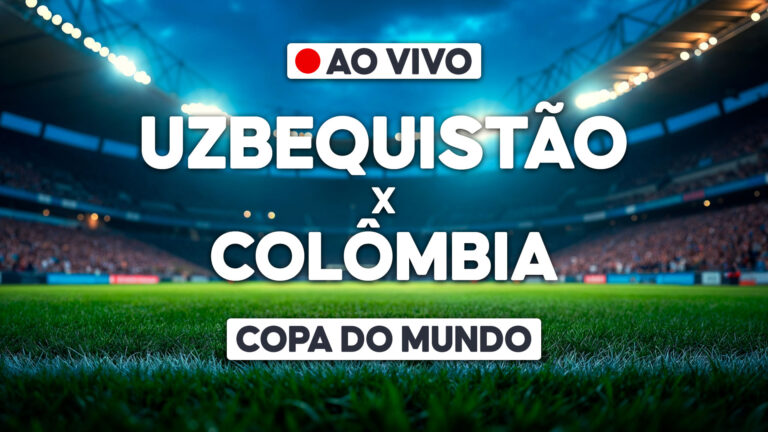 Arte com estádio iluminado e chamada ao vivo para Uzbequistão x Colômbia pela Copa do Mundo