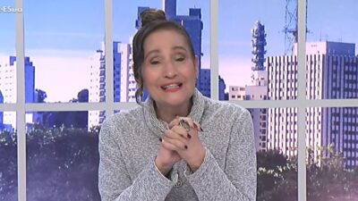 Sonia Abrão com suéter cinza e cabelos presos apresenta o A Tarde é Sua diante de painel com vista urbana ao fundo