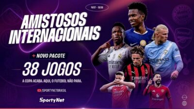 Peça promocional da SportyNet com texto Amistosos Internacionais, pacote de 38 jogos e jogadores de clubes europeus